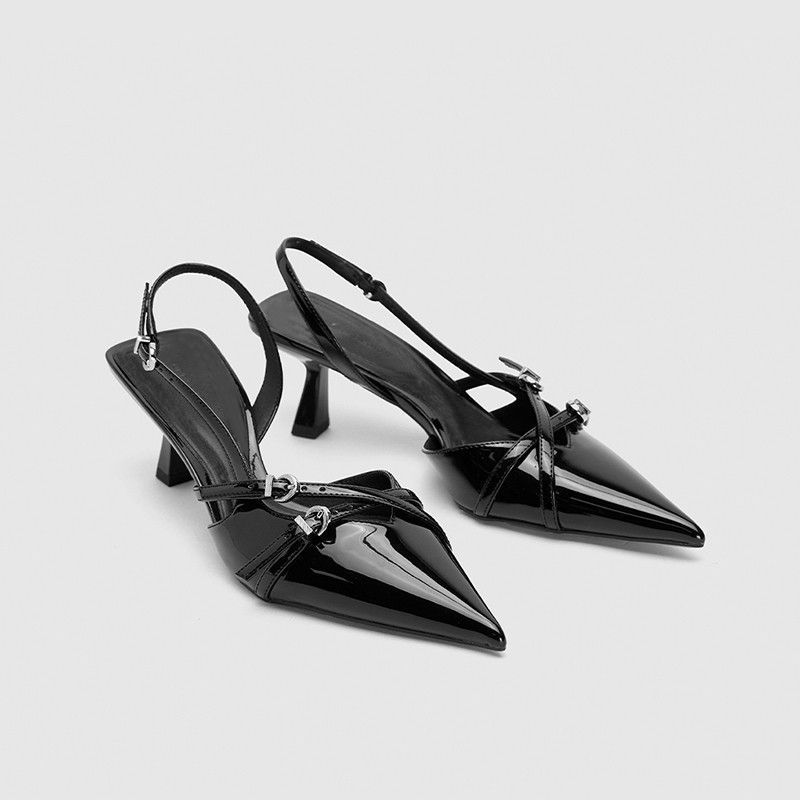 13363882066129137 British style pointed toe kitten one-strap buckle high heels - Image 1