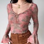 Retro printed v-neck trumpet sleeve short slim long-sleeved tops - Image 2