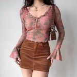 Retro printed v-neck trumpet sleeve short slim long-sleeved tops - Image 3