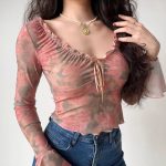 Retro printed v-neck trumpet sleeve short slim long-sleeved tops - Image 4