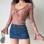Retro printed v-neck trumpet sleeve short slim long-sleeved tops - Image 5