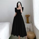 White Hepburn light mature style dress with puff sleeves square neck, waist, slimming temperament, over-the-knee long dress - Image 6