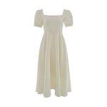 White Hepburn light mature style dress with puff sleeves square neck, waist, slimming temperament, over-the-knee long dress - Image 7