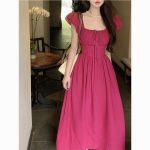 French square collar retro small flying sleeves rose red dress  slimming long dress - Image 2