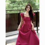 French square collar retro small flying sleeves rose red dress  slimming long dress - Image 3