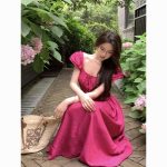 French square collar retro small flying sleeves rose red dress  slimming long dress - Image 4