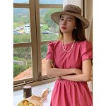 French retro waist slimming rose pink round neck puff sleeve long dress - Image 2