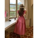 French retro waist slimming rose pink round neck puff sleeve long dress - Image 3