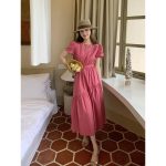 French retro waist slimming rose pink round neck puff sleeve long dress - Image 4