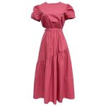 French retro waist slimming rose pink round neck puff sleeve long dress - Image 5