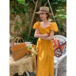 French V-neck  puff sleeve mustard off-shoulder long Dress - Image 5