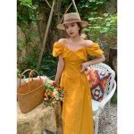 French V-neck  puff sleeve mustard off-shoulder long Dress - Image 6