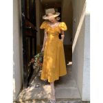French V-neck  puff sleeve mustard off-shoulder long Dress - Image 7
