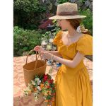 French V-neck  puff sleeve mustard off-shoulder long Dress - Image 8