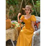 French V-neck  puff sleeve mustard off-shoulder long Dress - Image 9
