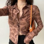 Retro Design Printed Lapel Extra Long Sleeve Women's Slim Shirt - Image 2