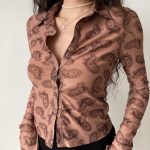 Retro Design Printed Lapel Extra Long Sleeve Women's Slim Shirt - Image 4