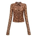 Retro Design Printed Lapel Extra Long Sleeve Women's Slim Shirt - Image 5