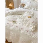 French retro floral embroidered seersucker fabric washed cotton bed sheets four-piece set with quilt cover | Aesthetic bedding - Image 3