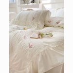 French retro floral embroidered seersucker fabric washed cotton bed sheets four-piece set with quilt cover | Aesthetic bedding - Image 4