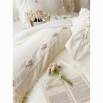 French retro floral embroidered seersucker fabric washed cotton bed sheets four-piece set with quilt cover | Aesthetic bedding - Image 7