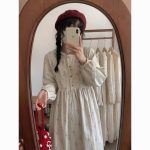 Corduroy Floral Lace Midi Dress - Sweet Long-Sleeve Loose Fit Dress - Image 9
