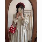 Corduroy Floral Lace Midi Dress - Sweet Long-Sleeve Loose Fit Dress - Image 7