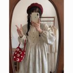 Corduroy Floral Lace Midi Dress - Sweet Long-Sleeve Loose Fit Dress