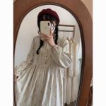 Corduroy Floral Lace Midi Dress - Sweet Long-Sleeve Loose Fit Dress - Image 5