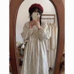 Corduroy Floral Lace Midi Dress - Sweet Long-Sleeve Loose Fit Dress - Image 4
