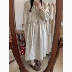 Corduroy Floral Lace Midi Dress - Sweet Long-Sleeve Loose Fit Dress - Image 3