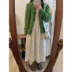 Corduroy Floral Lace Midi Dress - Sweet Long-Sleeve Loose Fit Dress - Image 2