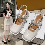 One-Strip Diamond Mary Jane Sandals – Low & Chunky Heel Square-Toe Flats - Image 8