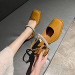 One-Strip Diamond Mary Jane Sandals – Low & Chunky Heel Square-Toe Flats - Image 7