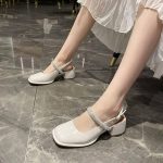 One-Strip Diamond Mary Jane Sandals – Low & Chunky Heel Square-Toe Flats - Image 5
