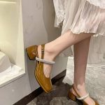 One-Strip Diamond Mary Jane Sandals – Low & Chunky Heel Square-Toe Flats - Image 4