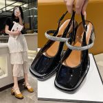 One-Strip Diamond Mary Jane Sandals – Low & Chunky Heel Square-Toe Flats - Image 2