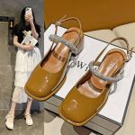 One-Strip Diamond Mary Jane Sandals – Low & Chunky Heel Square-Toe Flats - Image 3