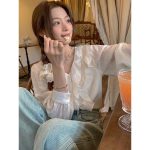 Korean Lace Ruffle Top - Sweet White Long-Sleeve Shirt - Image 6