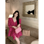 French V-Neck Ruffle - Rose Red Loose Mid-Length Shirt Dress - Image 10