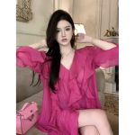 French V-Neck Ruffle - Rose Red Loose Mid-Length Shirt Dress - Image 7