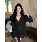 French V-Neck Ruffle - Rose Red Loose Mid-Length Shirt Dress - Image 4