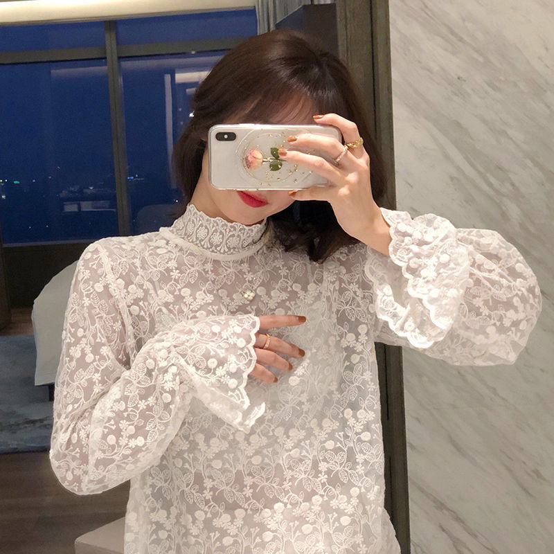 13387019311907859 Chic Lace Mesh Blouse – Semi-Turtleneck Elegant Base Layer - Image 1