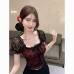 French Square Neck Mesh Lace Puff Sleeve Off-Shoulder Top