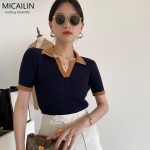 Korean Contrast Color Polo Collar Knit T-Shirt – Slim Fit Retro Short Sleeve Top for Women - Image 4