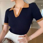Korean Contrast Color Polo Collar Knit T-Shirt – Slim Fit Retro Short Sleeve Top for Women - Image 3