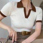 Korean Contrast Color Polo Collar Knit T-Shirt – Slim Fit Retro Short Sleeve Top for Women - Image 2