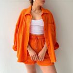 Trendy Women’s Crinkle Shirt & Drawstring Shorts Set – Long Sleeve Lapel Top + High-Waist Two-Piece - Image 6