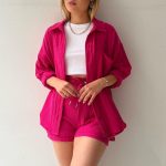 Trendy Women’s Crinkle Shirt & Drawstring Shorts Set – Long Sleeve Lapel Top + High-Waist Two-Piece - Image 2