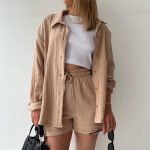 Trendy Women’s Crinkle Shirt & Drawstring Shorts Set – Long Sleeve Lapel Top + High-Waist Two-Piece - Image 5